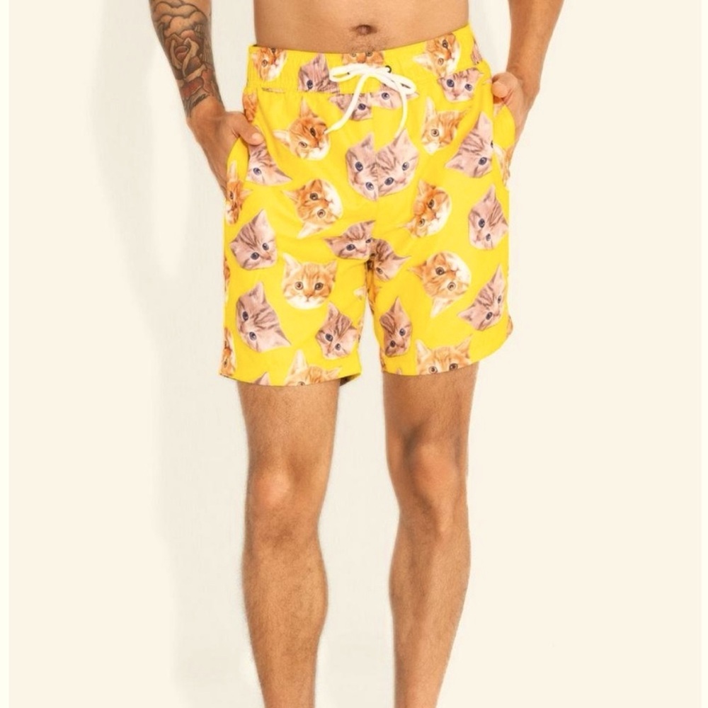 Black Matter Adult Men's Kitten Yellow Drawstring Swim Trunk Shorts  - MEDIUM